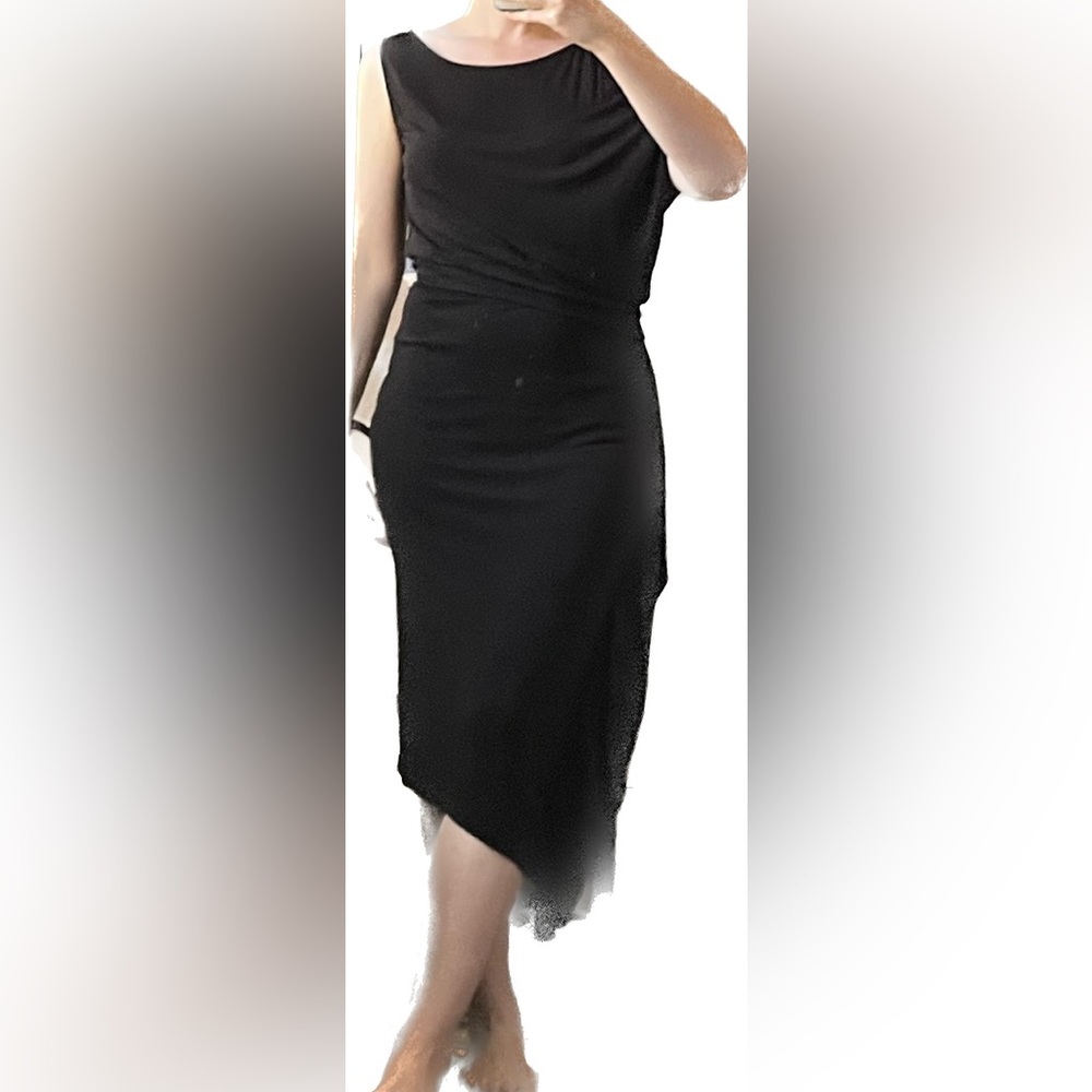Magashoni black asymmetrical midi-dress, ruffle, size 4